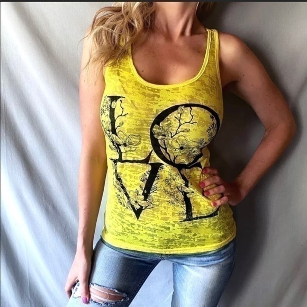 Yellow Semi-Sheer Burnout "LOVE" Graphic Tank Top - Picture 2 of 3